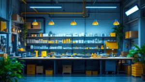 A photograph of a well-organized workshop illuminated by bright led lights