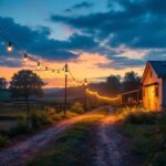 A photograph of a beautifully illuminated outdoor farm scene at dusk
