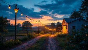 A photograph of a beautifully illuminated outdoor farm scene at dusk