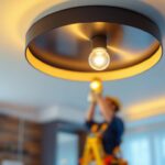 A photograph of a stylishly designed ceiling light fixture in a modern interior setting