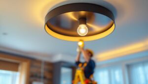 A photograph of a stylishly designed ceiling light fixture in a modern interior setting