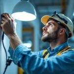A photograph of a skilled lighting contractor at work