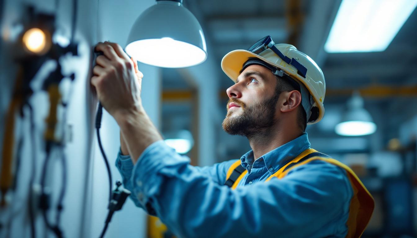 A photograph of a skilled lighting contractor at work