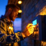 A photograph of a lighting contractor installing an astronomical timer switch outdoors