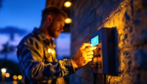 A photograph of a lighting contractor installing an astronomical timer switch outdoors