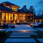 A photograph of a beautifully lit outdoor space showcasing strategically placed uplights illuminating the architecture of a house and surrounding landscape