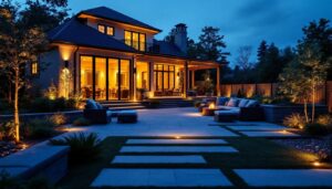 A photograph of a beautifully lit outdoor space showcasing strategically placed uplights illuminating the architecture of a house and surrounding landscape