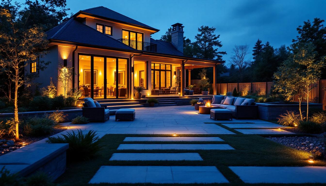 A photograph of a beautifully lit outdoor space showcasing strategically placed uplights illuminating the architecture of a house and surrounding landscape