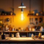 A photograph of a well-lit workspace showcasing an 8-foot t12 bulb prominently installed