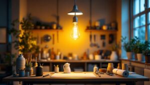 A photograph of a well-lit workspace showcasing an 8-foot t12 bulb prominently installed