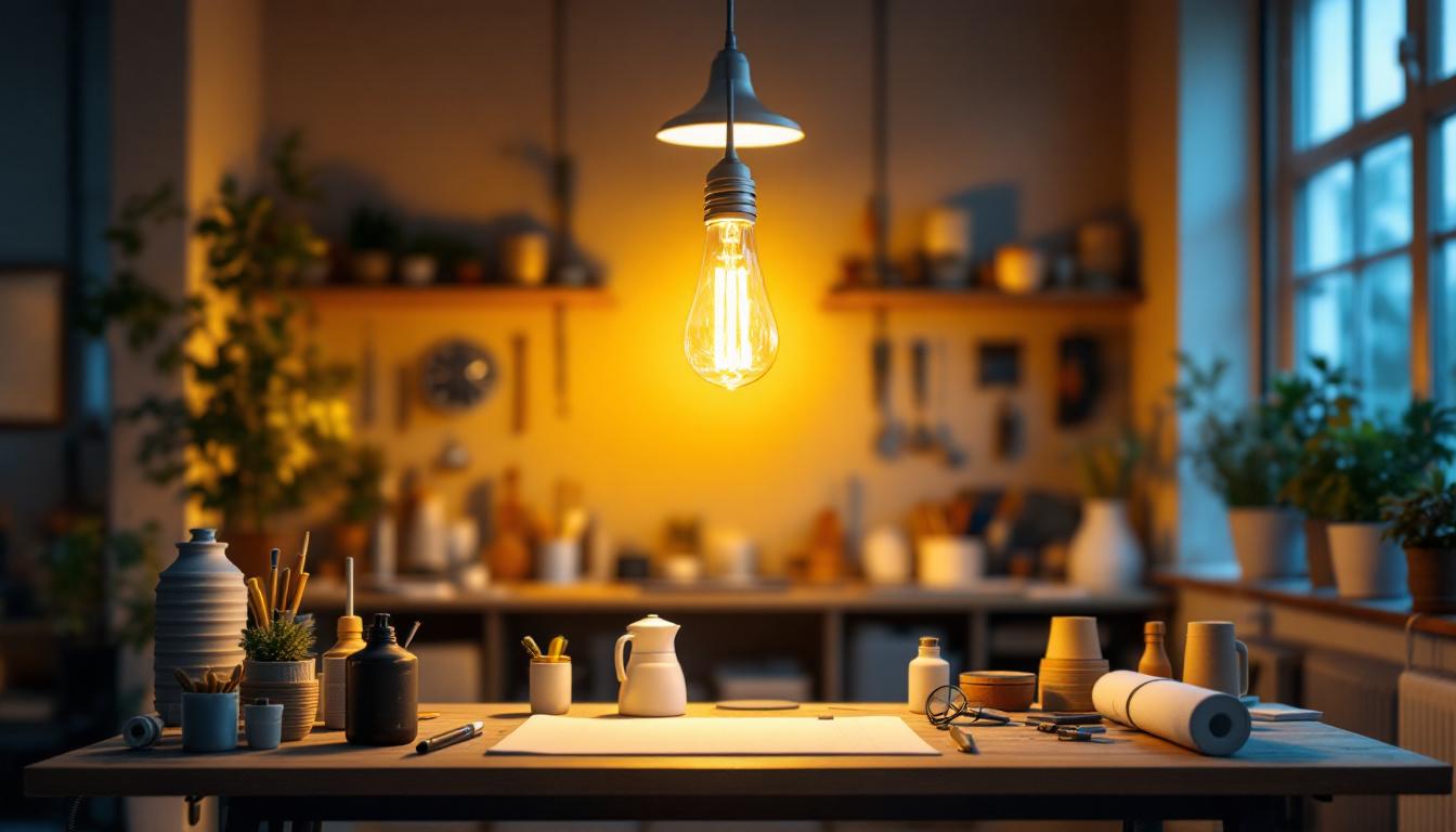 A photograph of a well-lit workspace showcasing an 8-foot t12 bulb prominently installed