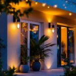 A photograph of a beautifully illuminated outdoor space featuring a variety of stylish lighting fixtures