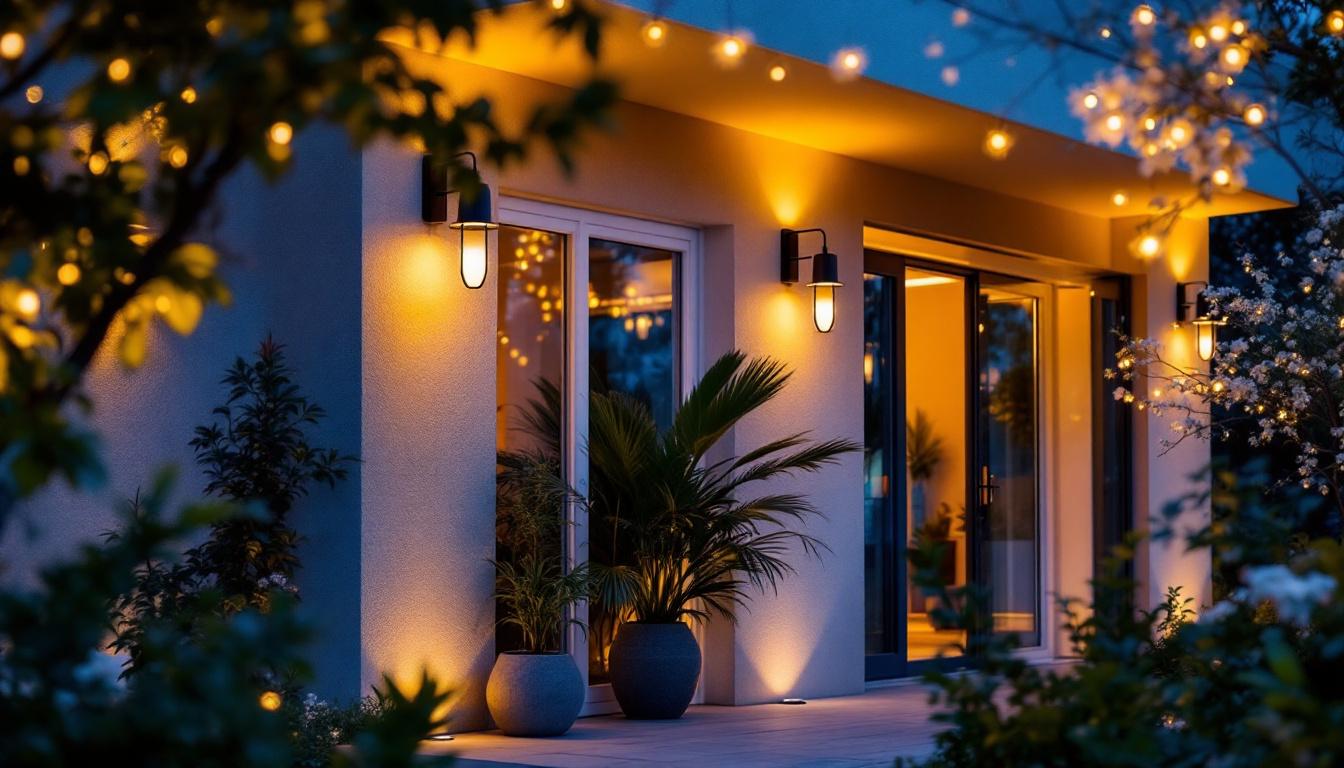 A photograph of a beautifully illuminated outdoor space featuring a variety of stylish lighting fixtures