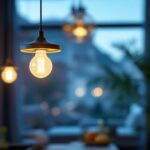 A photograph of capture a photograph of a stylishly designed led pendant fixture hanging in a well-lit