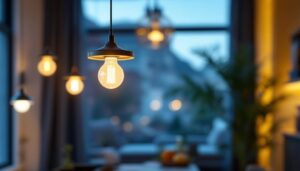 A photograph of capture a photograph of a stylishly designed led pendant fixture hanging in a well-lit
