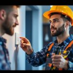 A photograph of a lighting contractor installing a smart lighting switch in a modern home setting