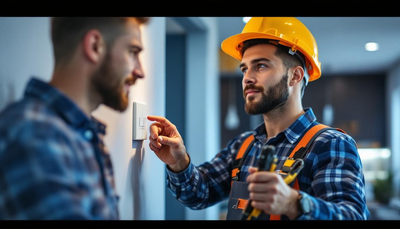 A photograph of a lighting contractor installing a smart lighting switch in a modern home setting