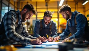 A photograph of a team of professionals collaborating in a well-lit workspace