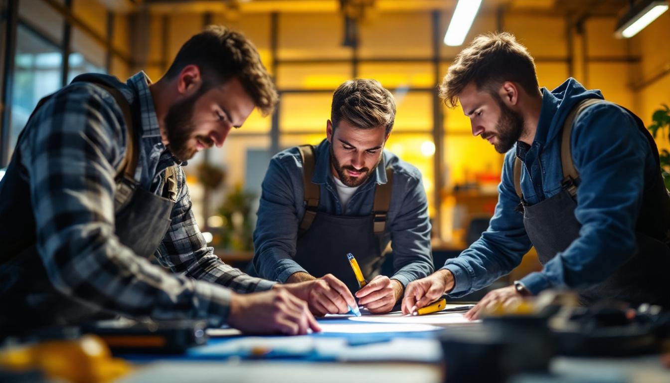 A photograph of a team of professionals collaborating in a well-lit workspace