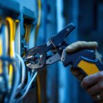 A photograph of a skilled lighting contractor using a 110 style punch down tool to neatly connect wires in a junction box