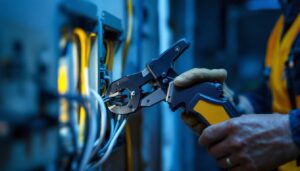 A photograph of a skilled lighting contractor using a 110 style punch down tool to neatly connect wires in a junction box