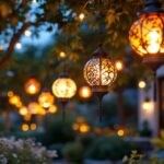 A photograph of a beautifully arranged outdoor space featuring an array of hanging garden lanterns