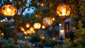 A photograph of a beautifully arranged outdoor space featuring an array of hanging garden lanterns