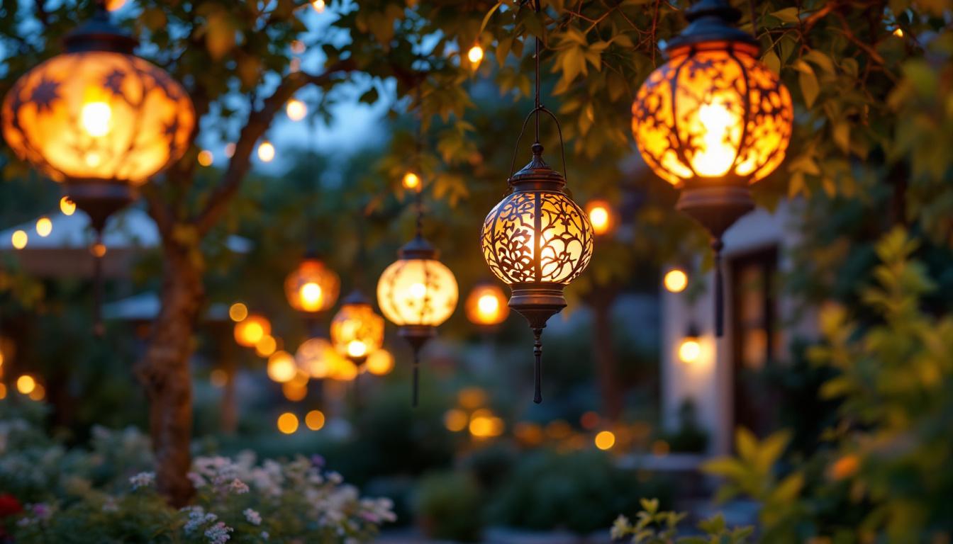 A photograph of a beautifully arranged outdoor space featuring an array of hanging garden lanterns