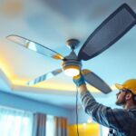 A photograph of capture a photograph of a stylish ceiling fan installation with two fans connected to a single switch