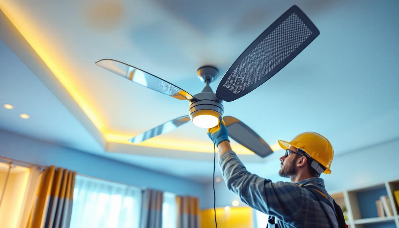 A photograph of capture a photograph of a stylish ceiling fan installation with two fans connected to a single switch