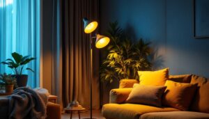 A photograph of a beautifully designed floor lamp in a cozy