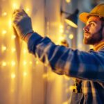 A photograph of a lighting contractor actively installing or adjusting led lights in a commercial or residential setting