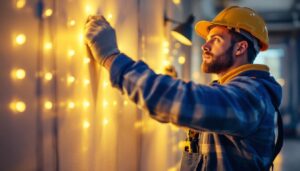 A photograph of a lighting contractor actively installing or adjusting led lights in a commercial or residential setting