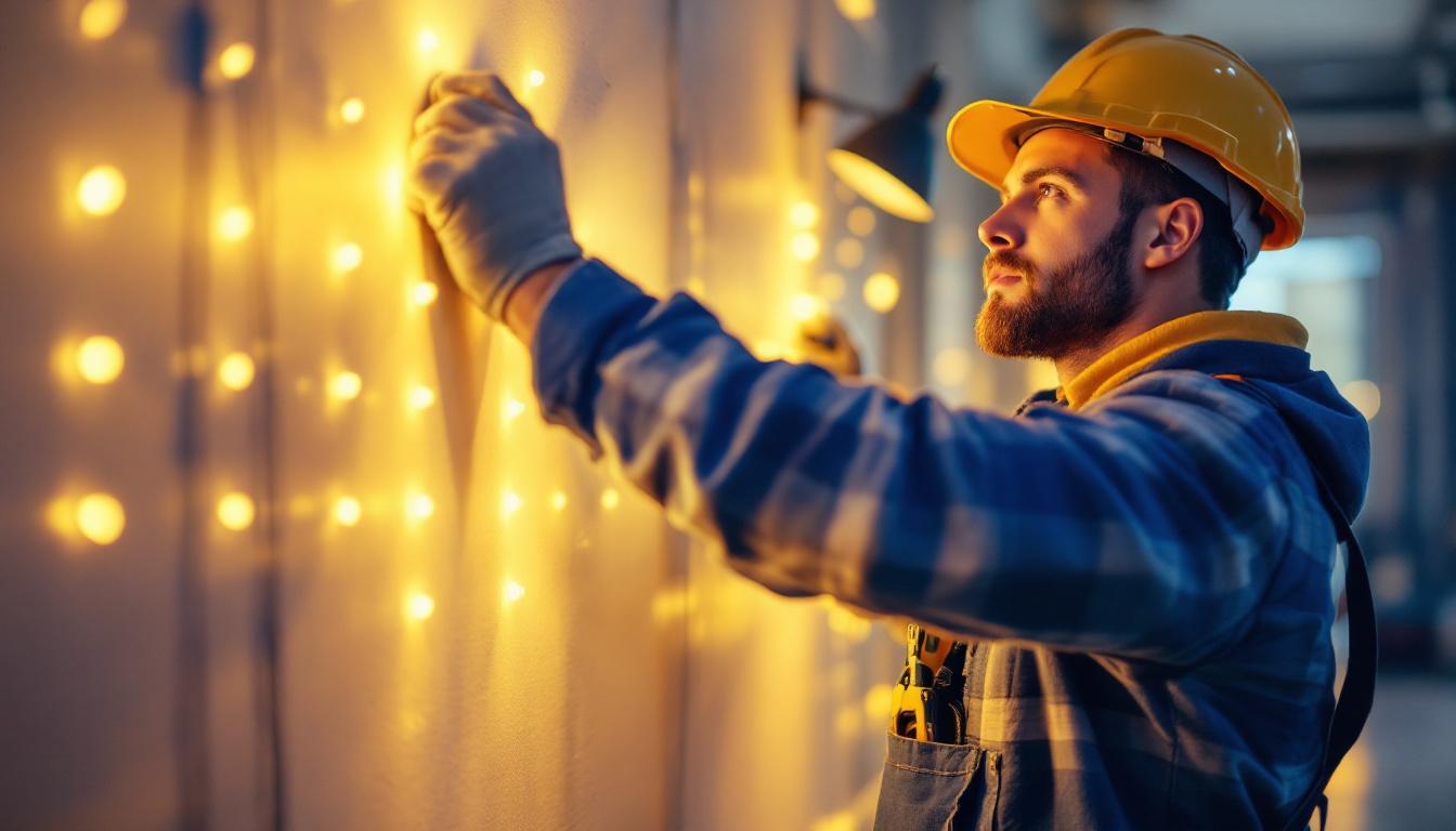 A photograph of a lighting contractor actively installing or adjusting led lights in a commercial or residential setting
