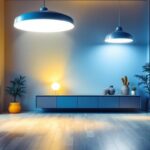 A photograph of a well-lit indoor space showcasing various energy-efficient lighting fixtures