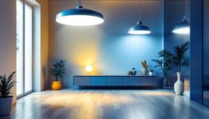 A photograph of a well-lit indoor space showcasing various energy-efficient lighting fixtures