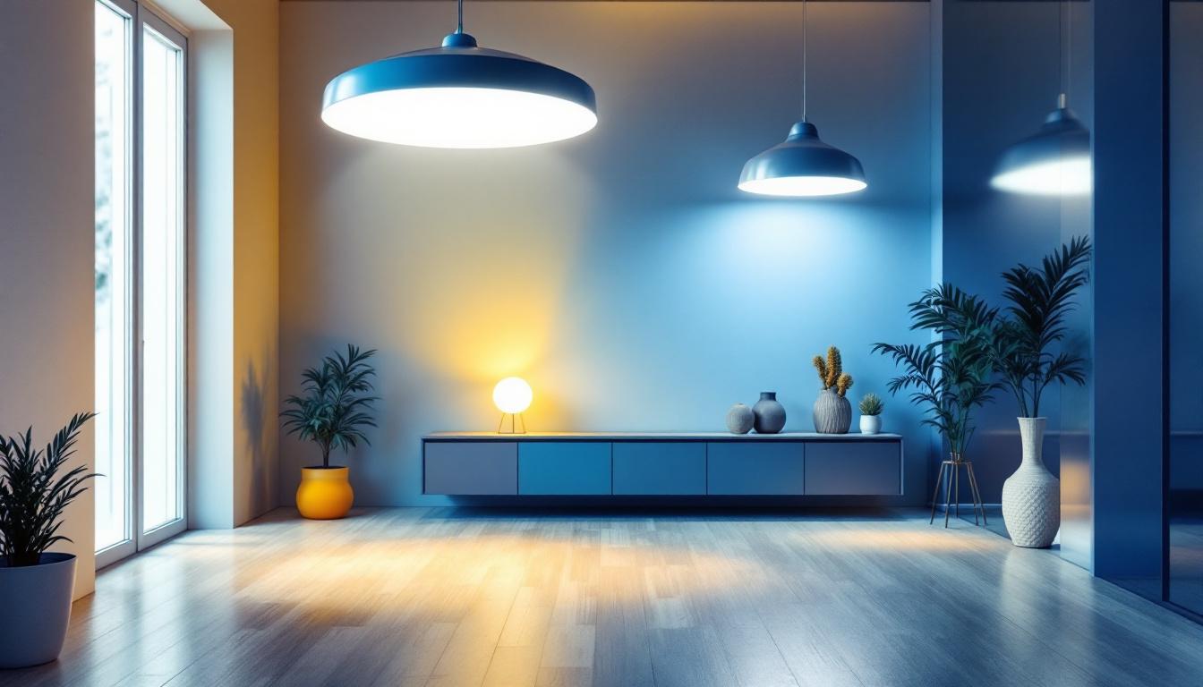 A photograph of a well-lit indoor space showcasing various energy-efficient lighting fixtures