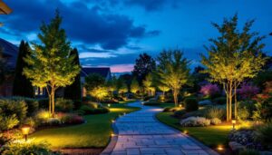 A photograph of a beautifully illuminated landscape at dusk