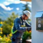 A photograph of a skilled lighting contractor installing a durable metal outdoor outlet cover in a picturesque outdoor setting