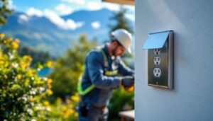 A photograph of a skilled lighting contractor installing a durable metal outdoor outlet cover in a picturesque outdoor setting