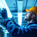 A photograph of a lighting contractor expertly installing or adjusting t8 fluorescent lights in a commercial space