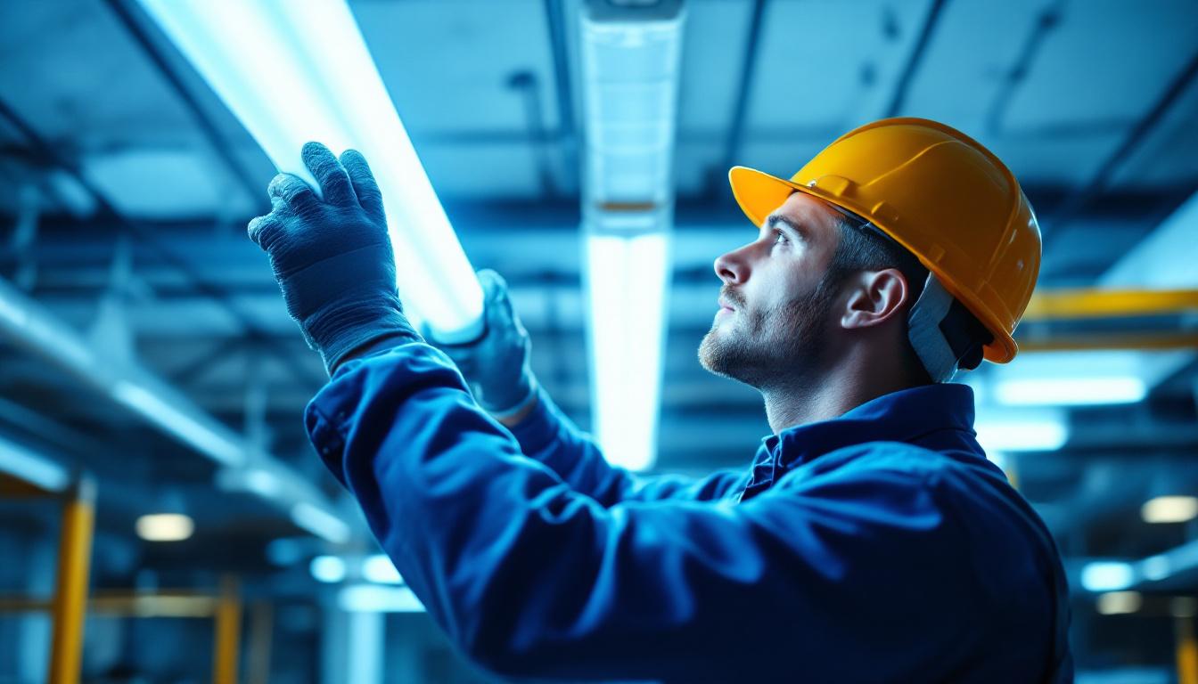 A photograph of a lighting contractor expertly installing or adjusting t8 fluorescent lights in a commercial space