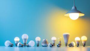 A photograph of a variety of led bulbs displayed alongside different types of light fixtures