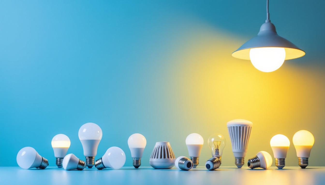 A photograph of a variety of led bulbs displayed alongside different types of light fixtures