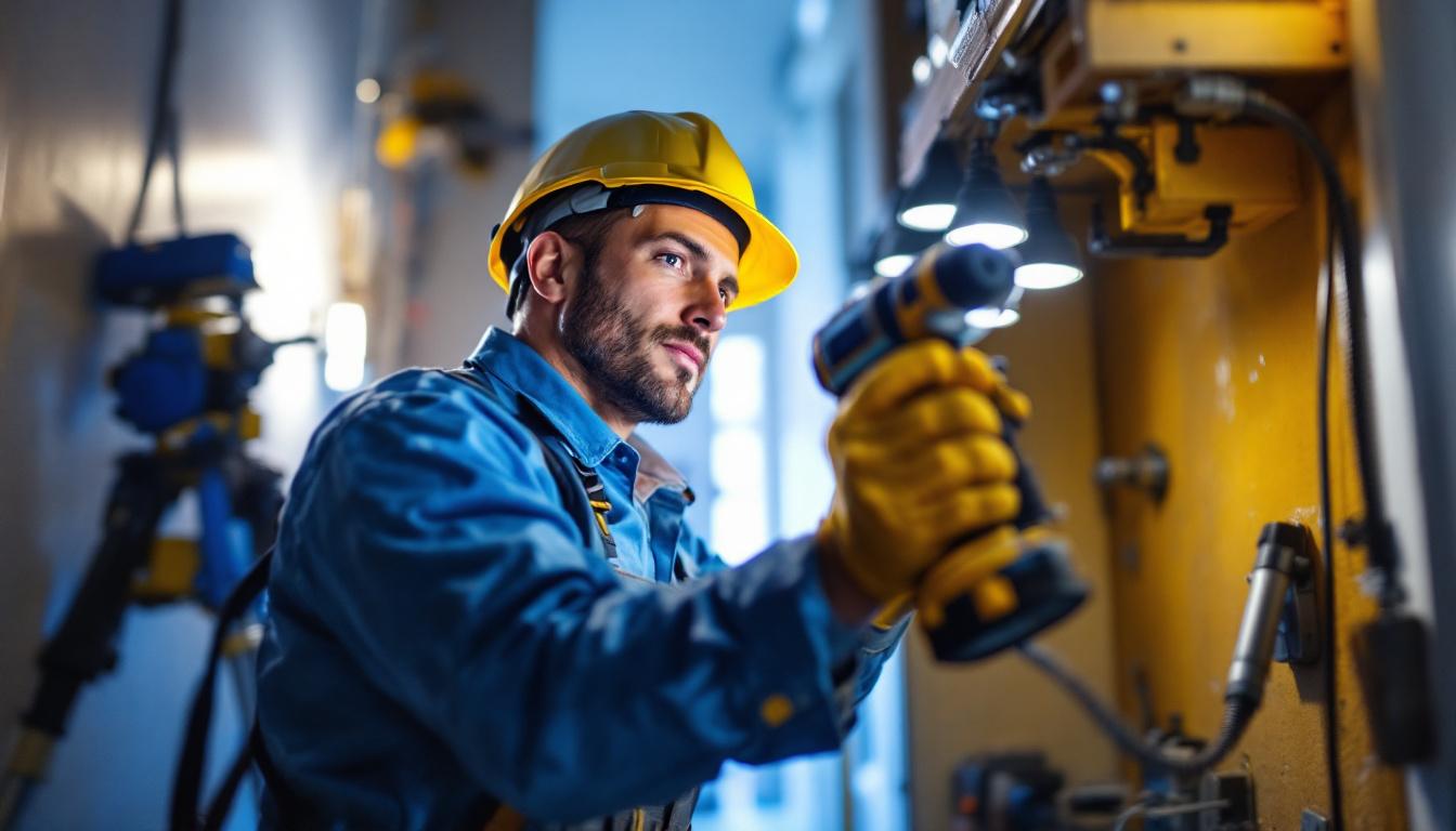 A photograph of a skilled lighting contractor in action