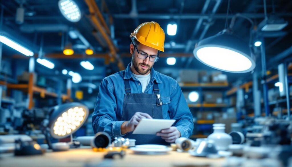 A photograph of a lighting contractor examining a variety of led 4 ft light fixtures in a well-lit workshop