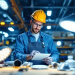 A photograph of a lighting contractor examining a variety of led 4 ft light fixtures in a well-lit workshop