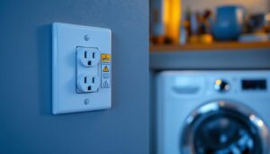 A photograph of a gfci outlet installed in a laundry room setting
