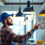 A photograph of a professional lighting contractor inspecting various hanging light fixtures in a stylish