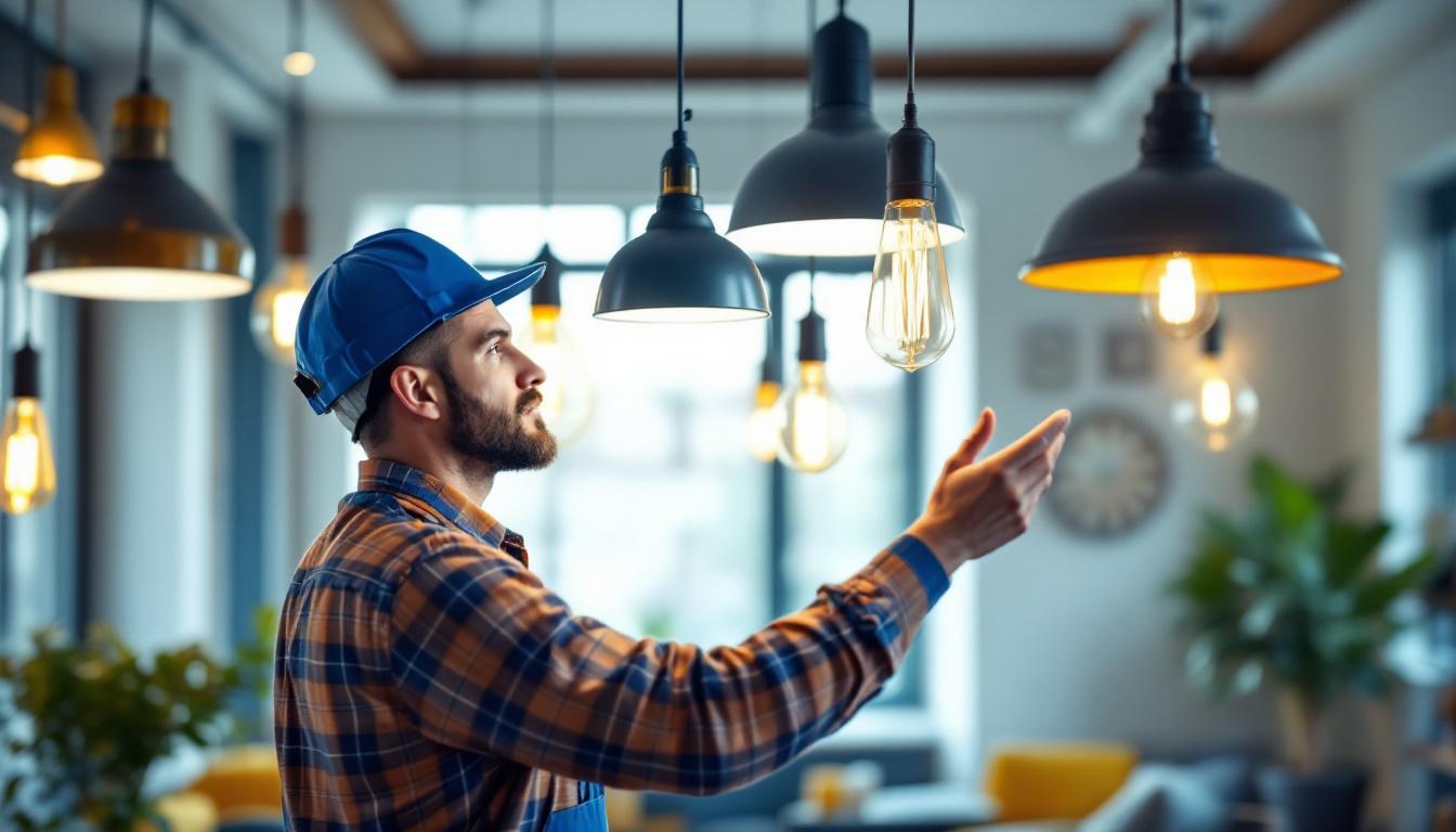 A photograph of a professional lighting contractor inspecting various hanging light fixtures in a stylish